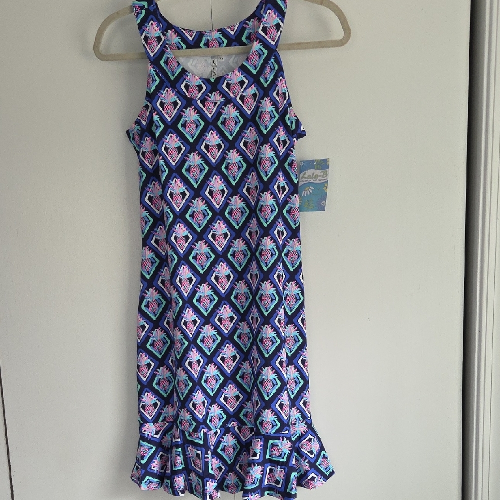 Lulu-B Blue and Pink Pineapple Geometric Midi Dress